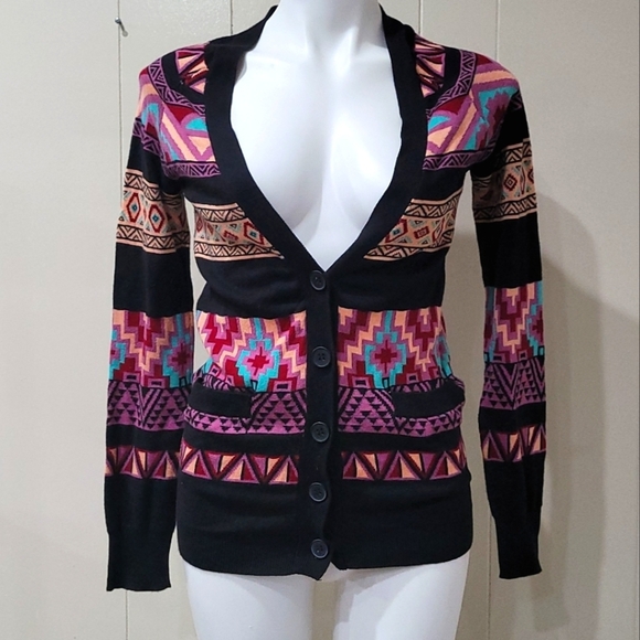 Nollie Women Black Aztec Tribal Print Cardigan XS Button Front - Picture 1 of 9